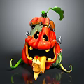Pumpkin Themed Game Character With Green Leaves Red Orange Body Yellow Fangs Metal Parts And Vines