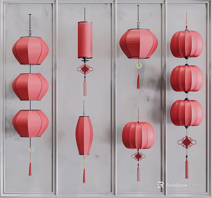 Red Decorative Lanterns Hanging On Gray Wall With Different Shapes And Tassels 3d model 