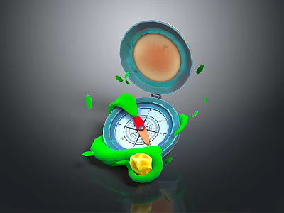 Open Compass With Green Spiral Object And Yellow Star Shaped Fragments 3d model