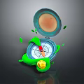 Open Compass With Green Spiral Object And Yellow Star Shaped Fragments