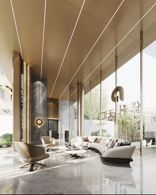 Elegant Modern Hotel Lobby Interior With Sofa Area Floor to Ceiling Windows And Greenery 3d model 