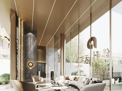 Elegant Modern Hotel Lobby Interior With Sofa Area Floor to Ceiling Windows And Greenery 3d model
