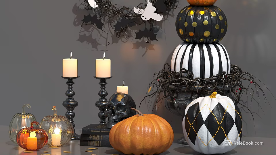 Halloween Decorative Ornament Set With Various Pumpkins Candles Skull And Bat Decorations 3d model 