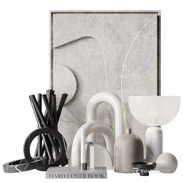 Modern Decorative Ornament Set with Round White Lampshade Black Slender Sticks and Curved Shapes 3d model 