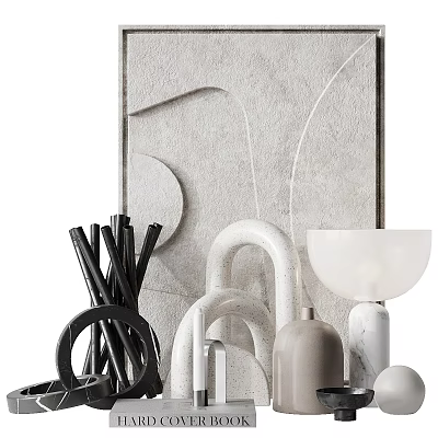 Modern Decorative Ornament Set with Round White Lampshade Black Slender Sticks and Curved Shapes 3d model