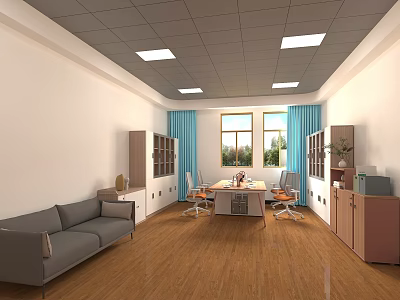 Modern Office Interior With Grey Sofa Wooden Flooring Recessed Lights Blue Curtains And Desk 3d model