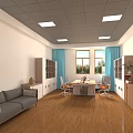Modern Office Interior With Grey Sofa Wooden Flooring Recessed Lights Blue Curtains And Desk