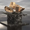 Golden Tank Statue on Black Marble Monument with Sky and Water Background