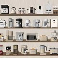 Collection of Modern Kitchen Appliances Displayed on Shelves for Daily Home Cooking