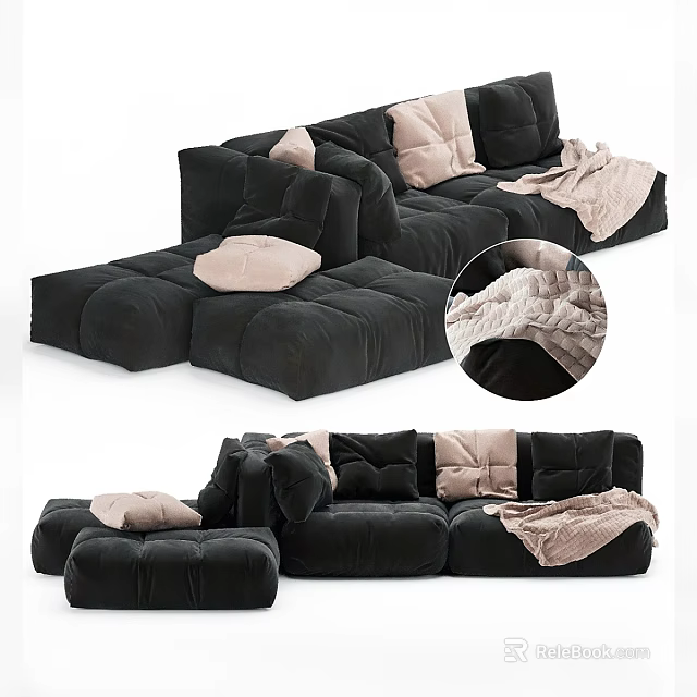 Casual Sofa Set with Black Velvet Modular Design and Light Pink Cushions Blankets 3d model 