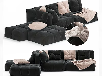 Casual Sofa Set with Black Velvet Modular Design and Light Pink Cushions Blankets 3d model