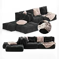 Casual Sofa Set with Black Velvet Modular Design and Light Pink Cushions Blankets