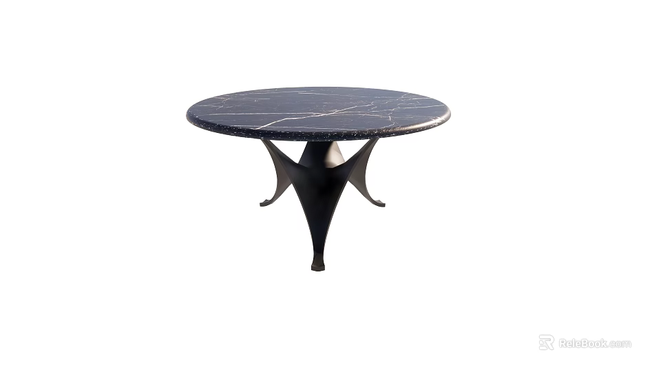 Round Dining Table With Marble Tabletop Natural Veins And Black Metal Geometric Base 3d model 