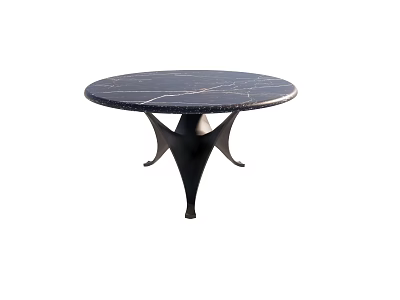 Round Dining Table With Marble Tabletop Natural Veins And Black Metal Geometric Base 3d model