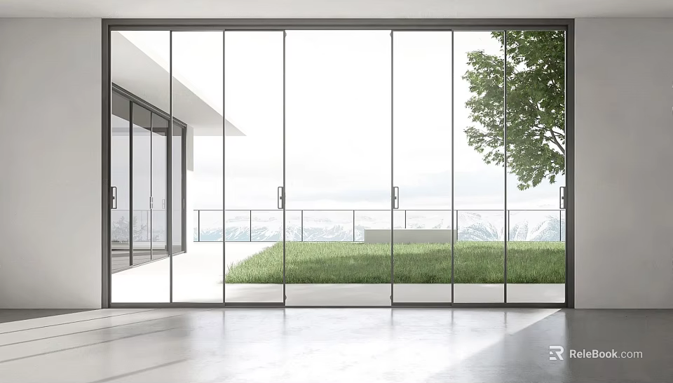 Modern Glass Sliding Doors Connecting Indoor Outdoor Space with Lawn Tree and Mountain View 3d model 