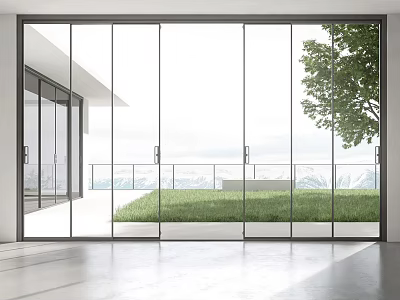 Modern Glass Sliding Doors Connecting Indoor Outdoor Space with Lawn Tree and Mountain View 3d model