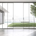 Modern Glass Sliding Doors Connecting Indoor Outdoor Space with Lawn Tree and Mountain View