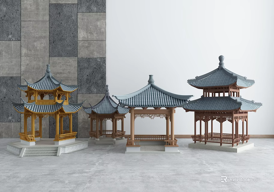 Traditional Chinese Pavilions With Various Styles Colors And Wooden Tile Roofs 3d model 