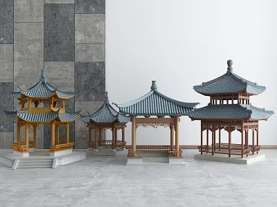 Traditional Chinese Pavilions With Various Styles Colors And Wooden Tile Roofs 3d model