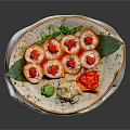 Appetizing Red Sushi Rolls With Tobiko Ginger Wasabi And Decorative Leaves On Plate