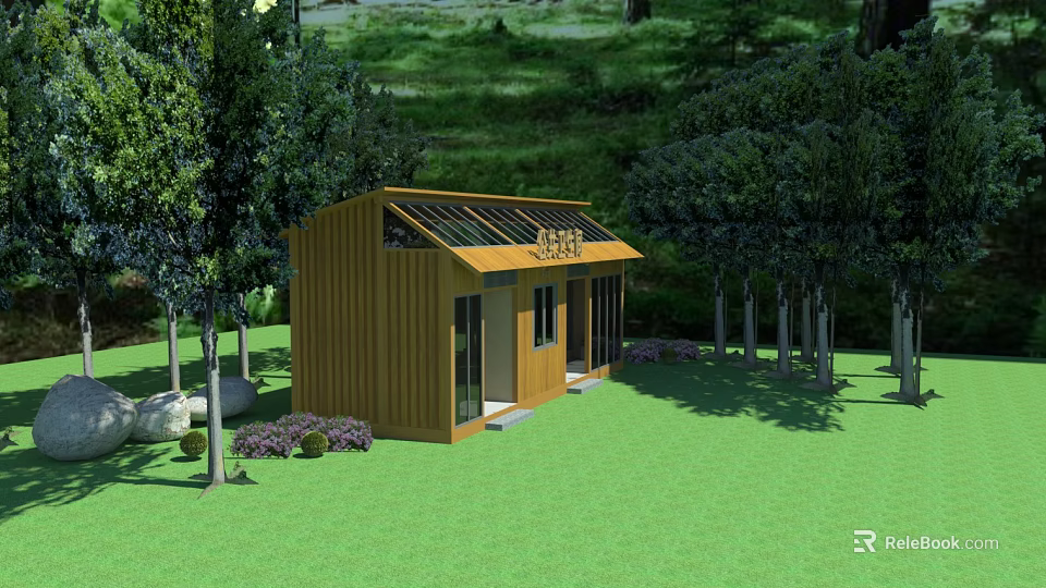 Modern Wooden Cabin With Solar Panels Surrounded By Trees And Green Grass 3d model 