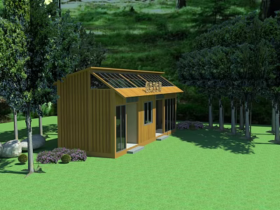 Modern Wooden Cabin With Solar Panels Surrounded By Trees And Green Grass 3d model