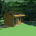 Modern Wooden Cabin With Solar Panels Surrounded By Trees And Green Grass