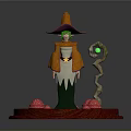 3D Wizard Character With Orange Hat Green Gem Staff And Red Mushrooms On Red Base