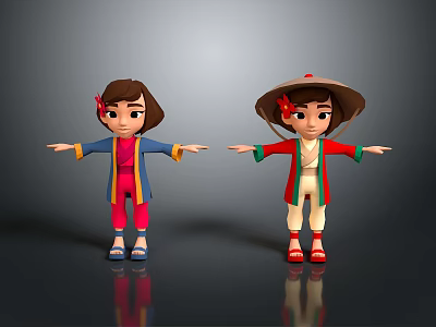 Two Cartoon Characters In Traditional Clothing With Red Blue Coats Flower Hairpin Bamboo Hat 3d model