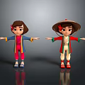 Two Cartoon Characters In Traditional Clothing With Red Blue Coats Flower Hairpin Bamboo Hat