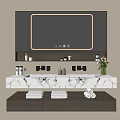 Modern Bathroom Vanity Design With LED Mirror Double Sinks Marble Countertop Flower Vase And Towels