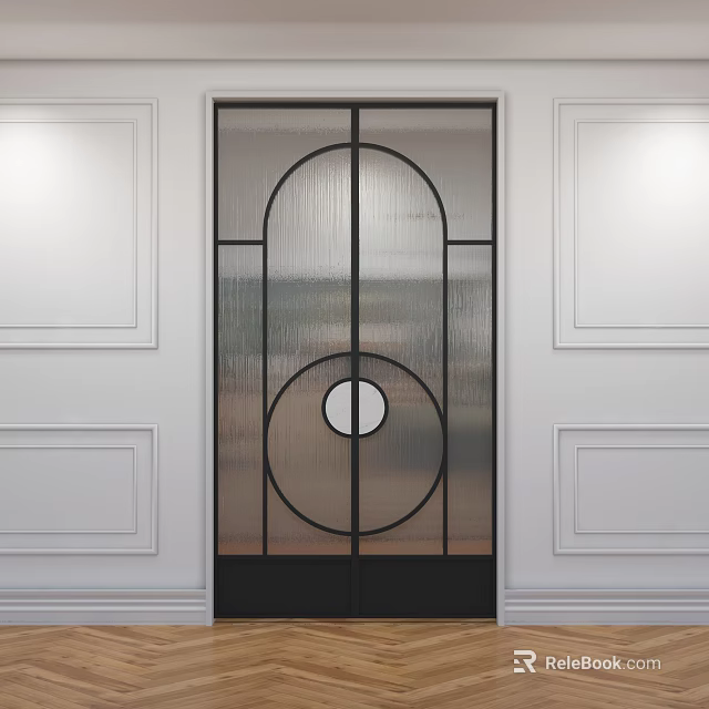 Modern Frosted Glass Partition With Black Metal Frame Circular Pattern And White Wall Paneling 3d model 