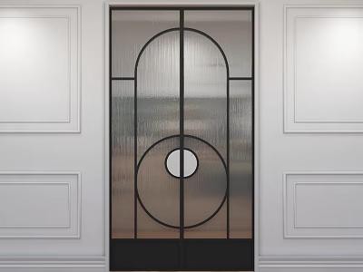 Modern Frosted Glass Partition With Black Metal Frame Circular Pattern And White Wall Paneling 3d model