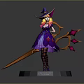 Game Movie Character Witch With Purple Dress Blonde Hair And Red Spiked Staff On Base