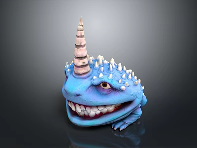Game And Movie Character Blue Spiked Creature With Cone Shaped Horn And Large Teeth 3d model