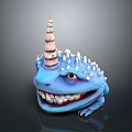 Game And Movie Character Blue Spiked Creature With Cone Shaped Horn And Large Teeth