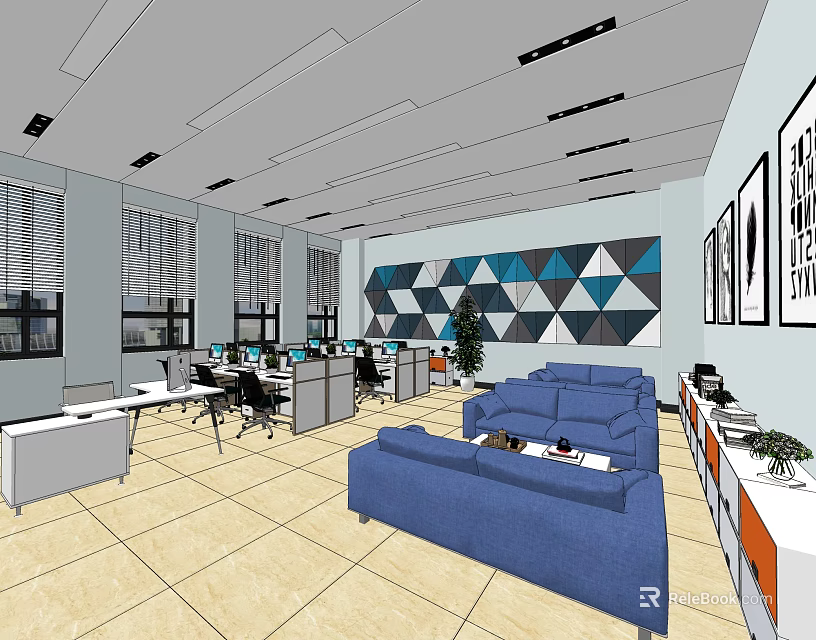 Public Office Space With Open Layout Office Desks Blue Sofas Geometric Accent Wall And Windows 3d model