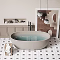 Beige Freestanding Bathtub with Wooden Towel Rack Geometric Art Print and Spherical Pendant Lights