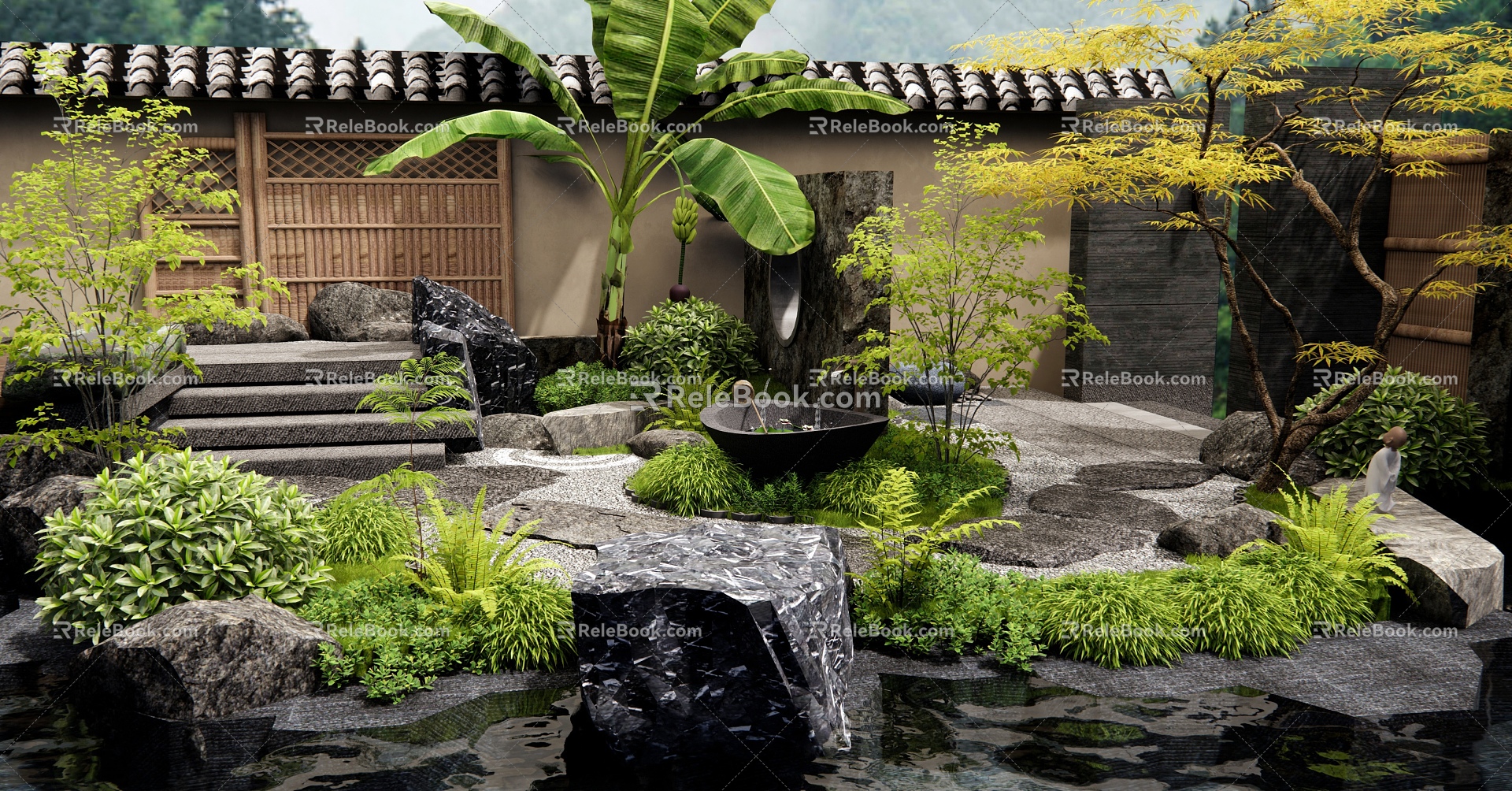 Japanese-style Dry Landscape Courtyard Landscape Country Courtyard Homestay Courtyard Landscape Stone Ting Stone Slab Steps Plant Pile Plant Landscape Flowers and Plants Red Maple model