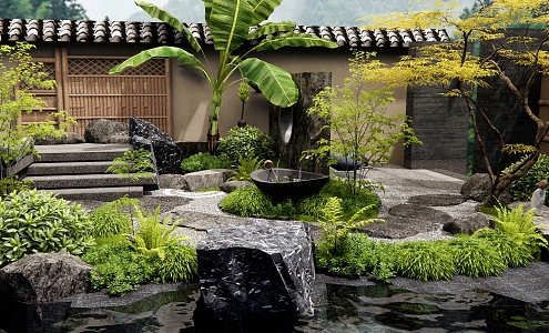 Japanese-style Dry Landscape Courtyard Landscape Country Courtyard Homestay Courtyard Landscape Stone Ting Stone Slab Steps Plant Pile Plant Landscape Flowers and Plants Red Maple 3d model