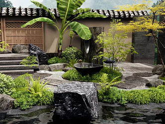 Japanese-style Dry Landscape Courtyard Landscape Country Courtyard Homestay Courtyard Landscape Stone Ting Stone Slab Steps Plant Pile Plant Landscape Flowers and Plants Red Maple 3d model