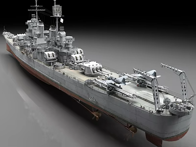 Large Gray Warship Featuring Multiple Turrets Upper Superstructure And Deck Facilities 3d model
