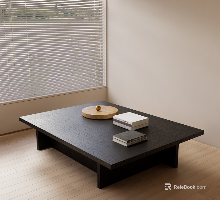 Black Coffee Table in Room With Window Blinds Wooden Floor Round Tray Fruit And Books 3d model 