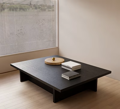 Black Coffee Table in Room With Window Blinds Wooden Floor Round Tray Fruit And Books 3d model