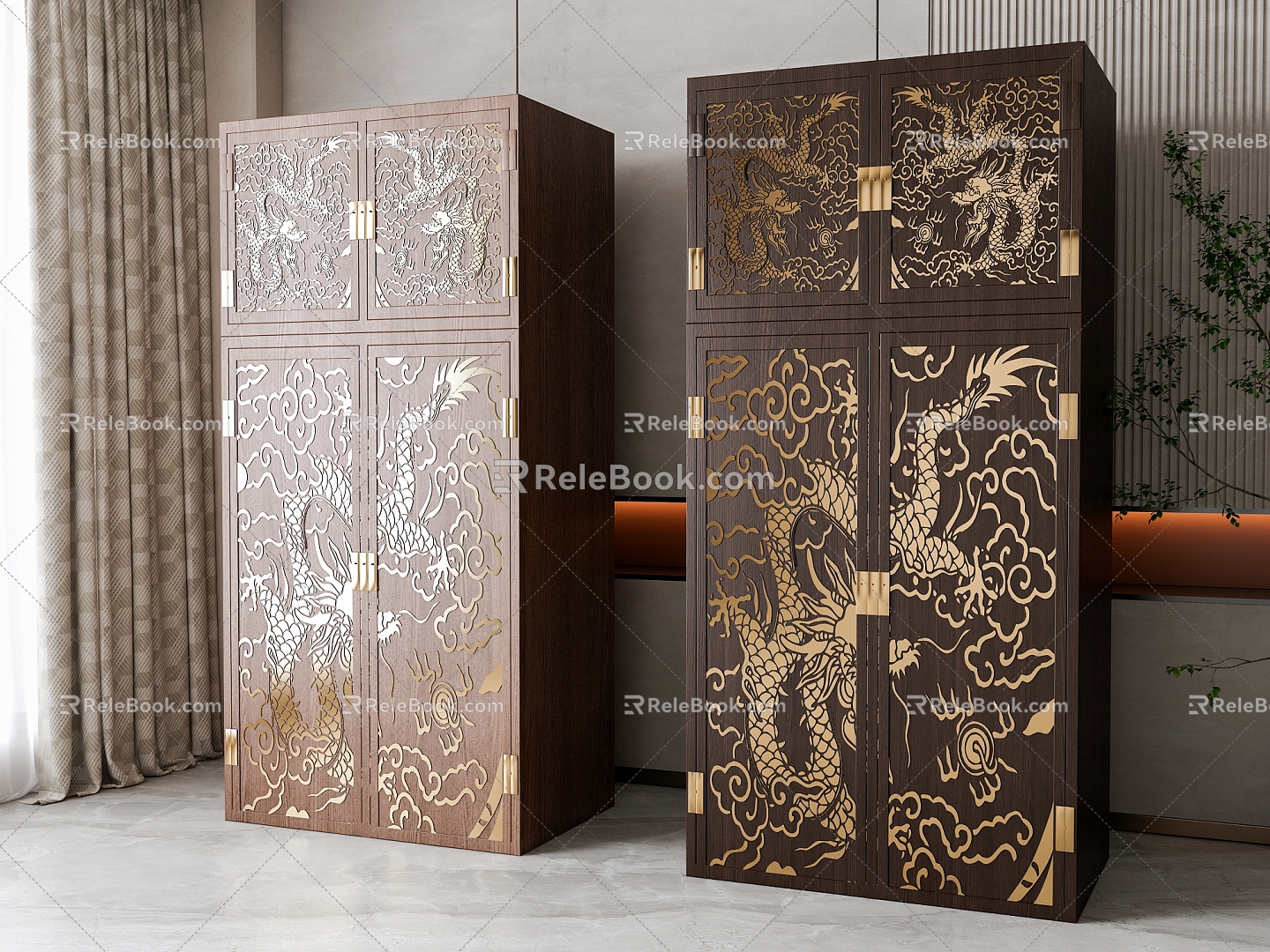 New Chinese Style Solid Wood Wardrobe 3d model