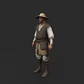 Man In Straw Hat Brown Vest White Long Sleeve Shirt Belt Beige Pants And Boots