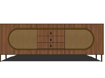 Wooden TV Stand With Rattan Panels Drawers And Metal Legs Design 3d model