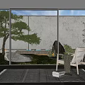 Karesansui Zen Garden Design with Large Rocks Moss Trees and Gravel Through Glass Windows