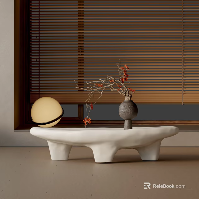 Modern Sofa Coffee Table Set With Unique White Irregular Legs Gray Vase Red Berry Branches 3d model