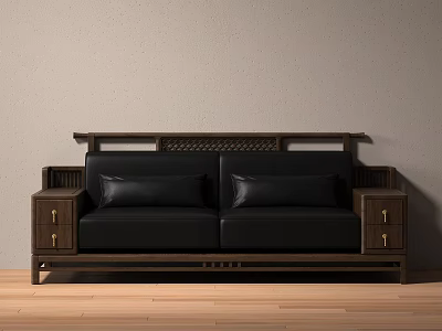 Black Leather Double Sofa With Wooden Frame And Side Drawer Cabinets In Interior 3d model